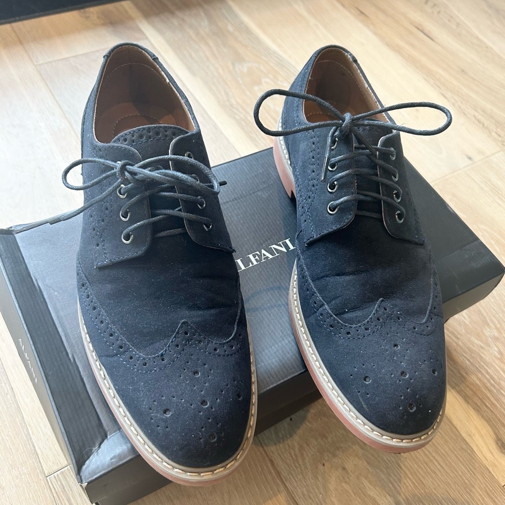 IOB Alfani Bison Oxford Dress Shoes Navy Blue Faux Suede Men's 10.5